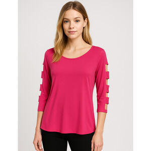 Clara Sun Woo Tunic Top Size Medium 3/4 Cut Out Sleeves Pink Stretch Artsy USA